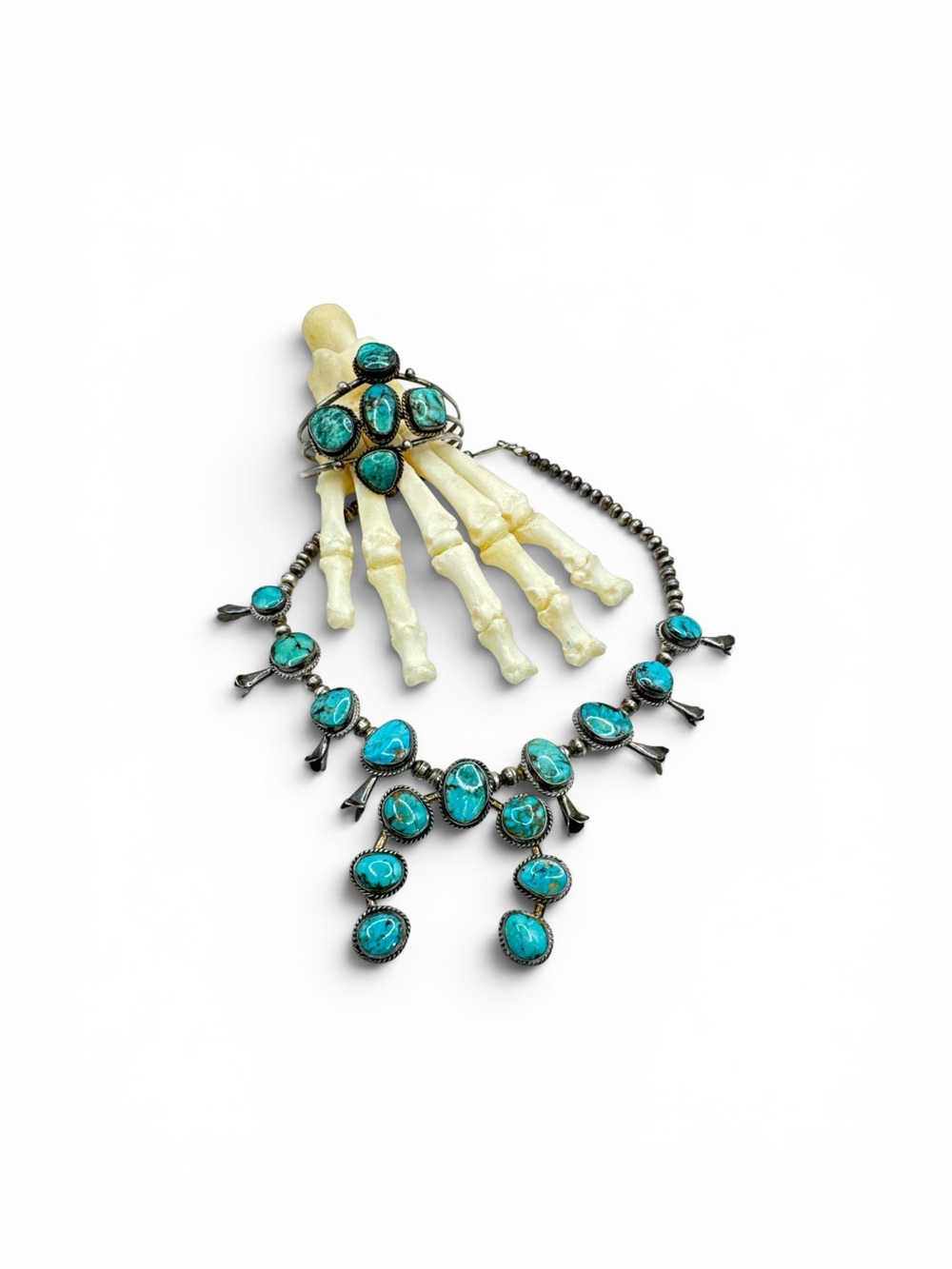 Vintage 70s Navajo Arizona Kingman Turquoise Squash Blossom Necklace & Cuff